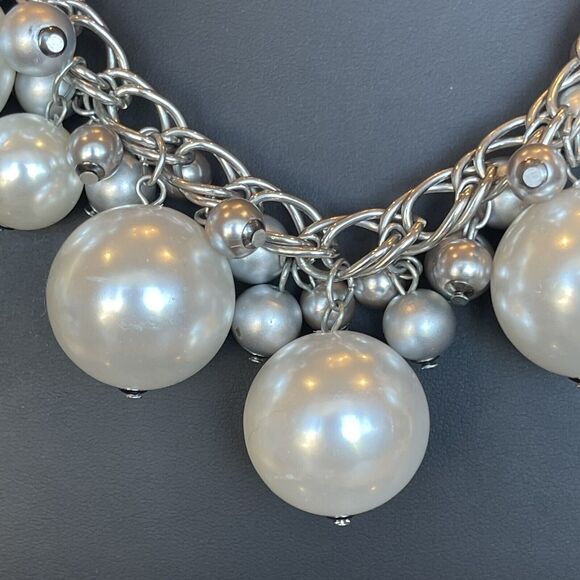 New York & Company Chunky Chain Necklace with Faux Pearls Silver Tone Adjustable - Picture 3 of 5